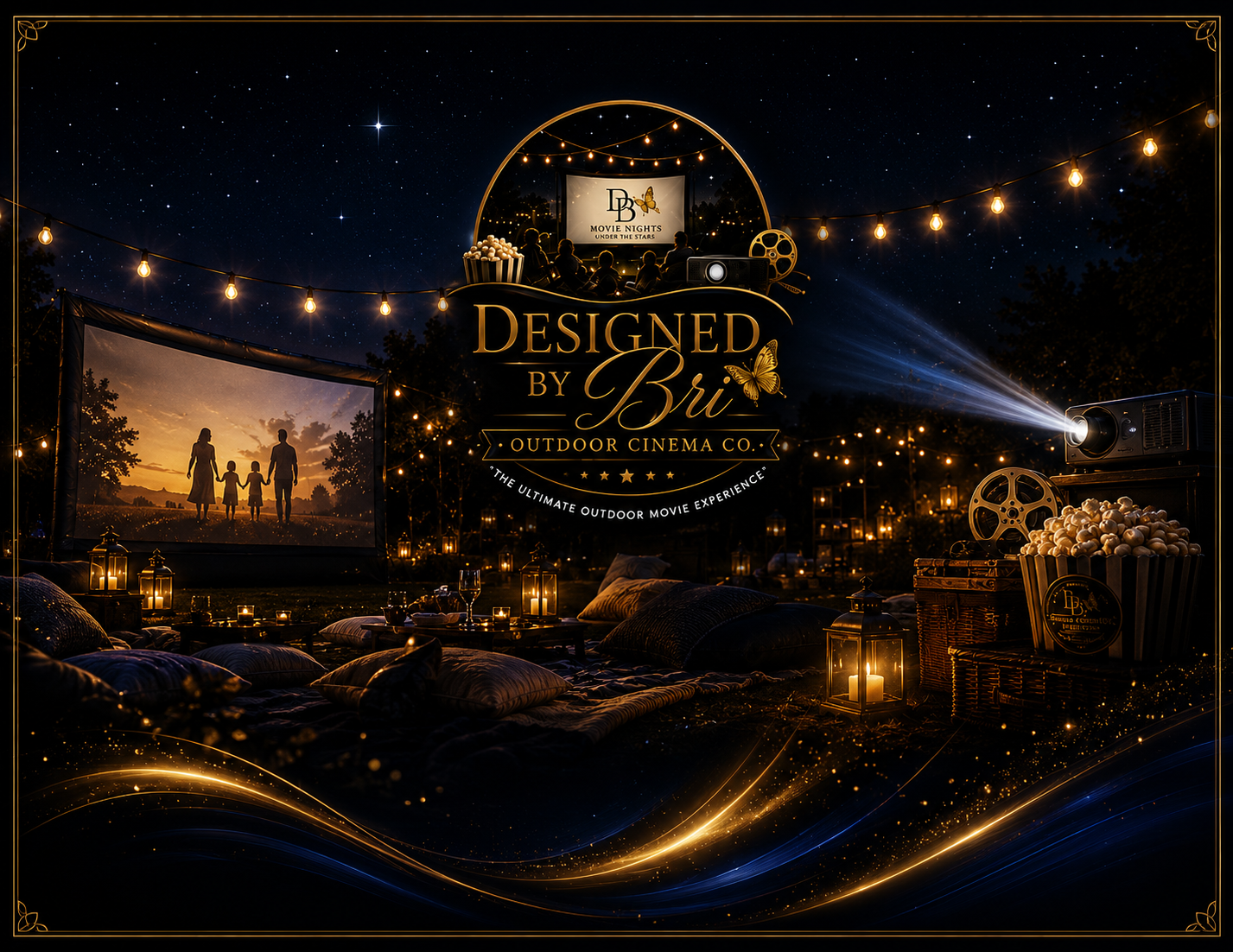 Luxury outdoor cinema at night with lanterns and string lights
